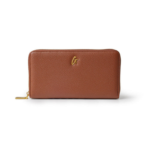 Brown Jumbo Pebble Wallet featuring a textured exterior and gold logo detail, ideal for stylish organization.