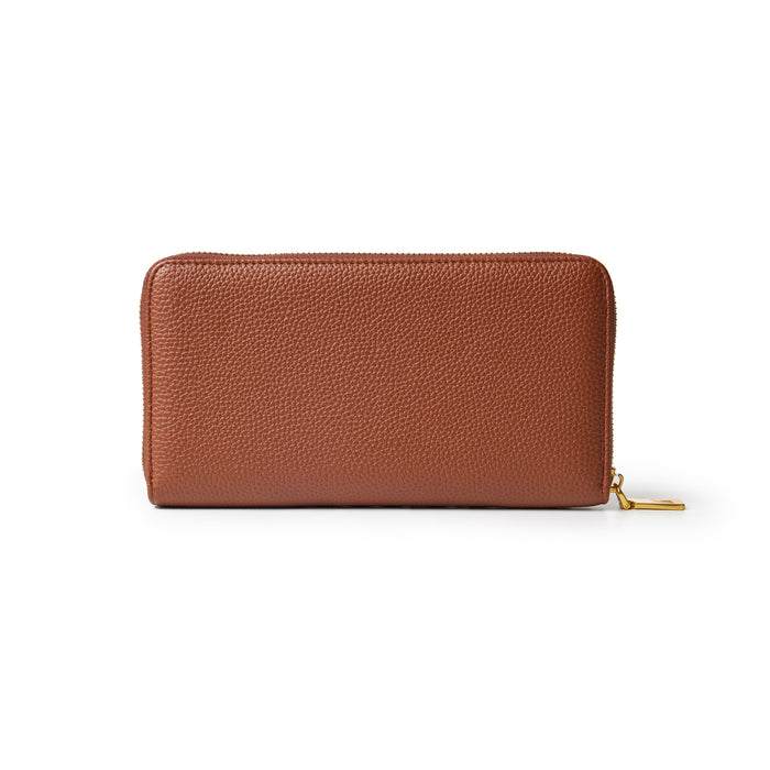 Brown jumbo pebble leather wallet with a gold zipper and sleek rectangular design.