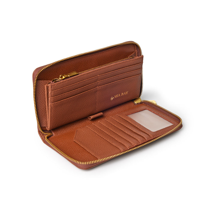 Brown jumbo pebble wallet with multiple card slots, clear ID window, zippered coin pocket, and gold zipper detail.