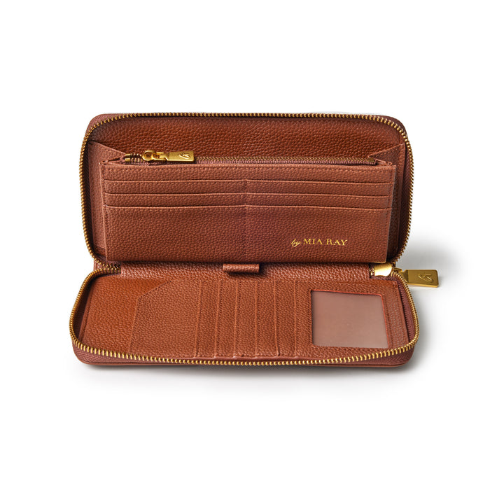 Open brown pebble leather wallet with multiple card slots, a clear ID window, and a zippered coin pocket inside.