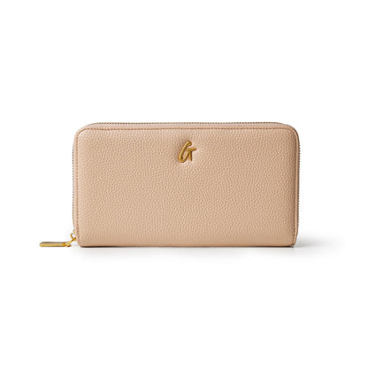 Nude jumbo pebble wallet featuring a textured finish and gold logo, designed for stylish organization and convenience.