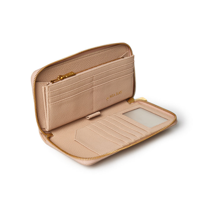 Open nude-colored pebble leather wallet with multiple card slots, a zippered coin pocket, and clear ID window inside.