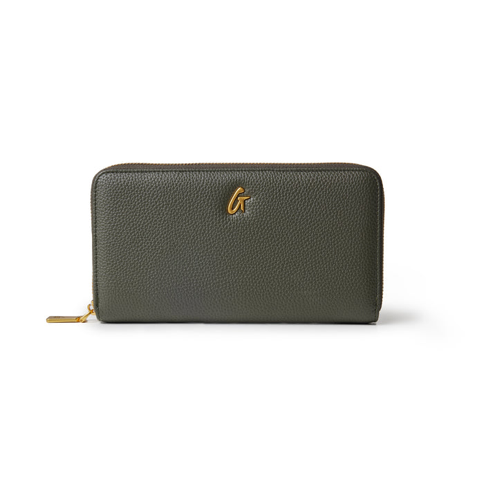Olive green jumbo pebble wallet featuring a textured finish and gold-tone logo on the front.