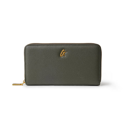 Olive green jumbo pebble wallet featuring a textured finish and gold-tone logo on the front.