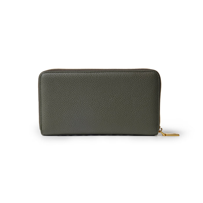 Olive green jumbo pebble leather wallet with a gold zipper and textured surface, designed for stylish organization.