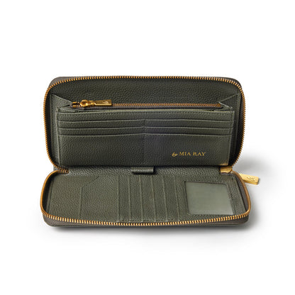 Olive green jumbo pebble wallet with multiple card slots, a zippered coin pocket, and gold accents, open to show interior details.