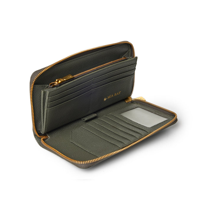 Olive green jumbo pebble wallet with multiple card slots, a clear ID window, and gold zipper detail, open to show interior.