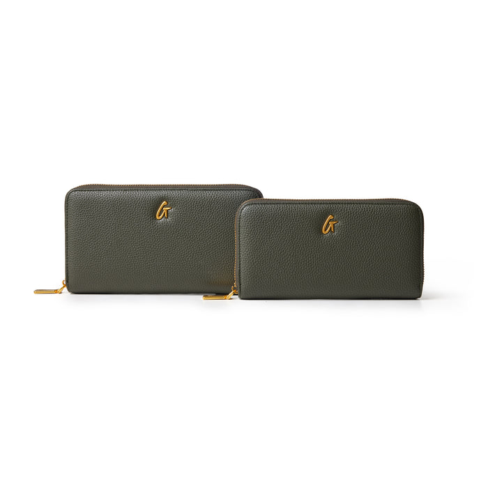 Olive green jumbo pebble leather wallets with gold zipper and logo, designed for style and functionality.