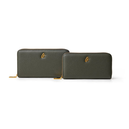 Olive green jumbo pebble leather wallets with gold zipper and logo, designed for style and functionality.