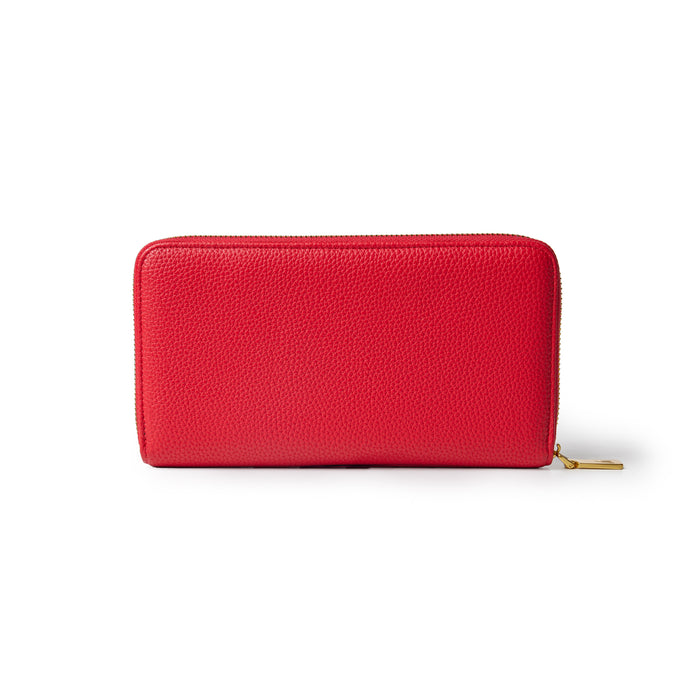 Red jumbo pebble leather wallet with a gold zipper, rectangular shape, textured surface, and minimalist design.