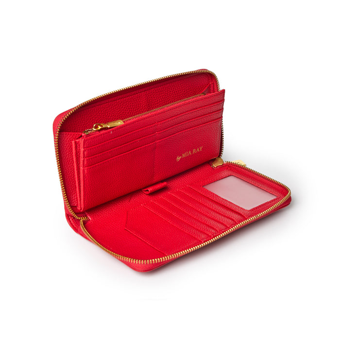 Red jumbo pebble wallet with multiple card slots, zippered coin pocket, and transparent ID window, open to show interior.