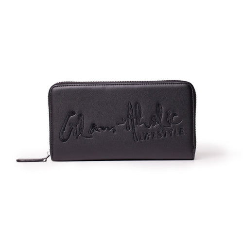 Black zip-around wallet with "Glam Attic Lifestyle" embroidered in large, stylish script on the front.