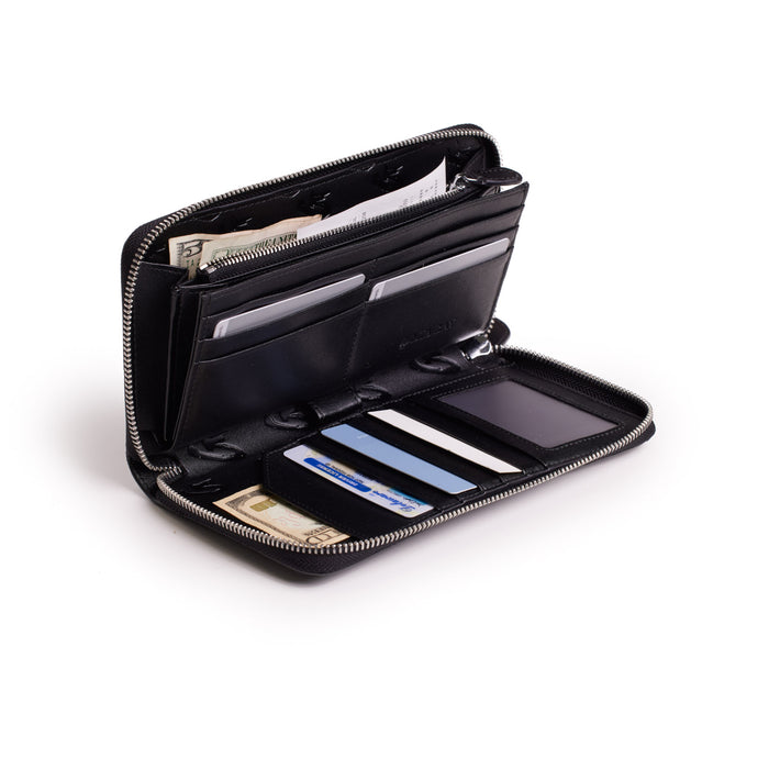 Open black wallet with multiple card slots, cash compartments, and a zippered coin pocket, featuring a large signature logo.