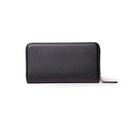Black jumbo signature logo wallet with a zip-around closure and a wrist strap, sleek and spacious for essentials.