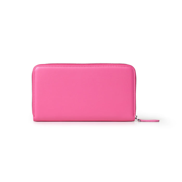 Bright pink jumbo signature logo wallet with a zipper closure and matching pull tab, sleek and spacious for essentials.