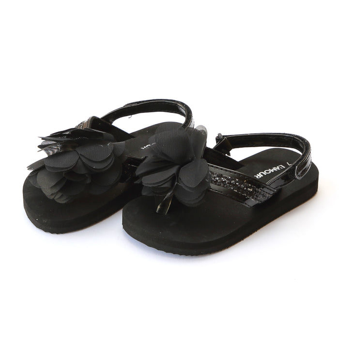 L'Amour Girls Kimberly EVA Black Glitter Sequined Strap Flower Flip Flop - Lamourshoes.com