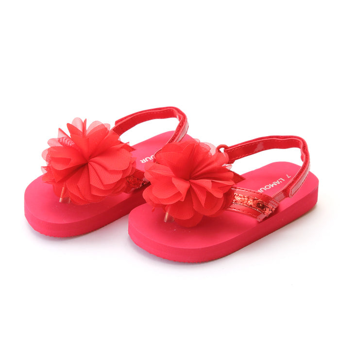 L'Amour Girls Kimberly EVA Red Glitter Sequined Strap Flower Flip Flop - Lamourshoes.com