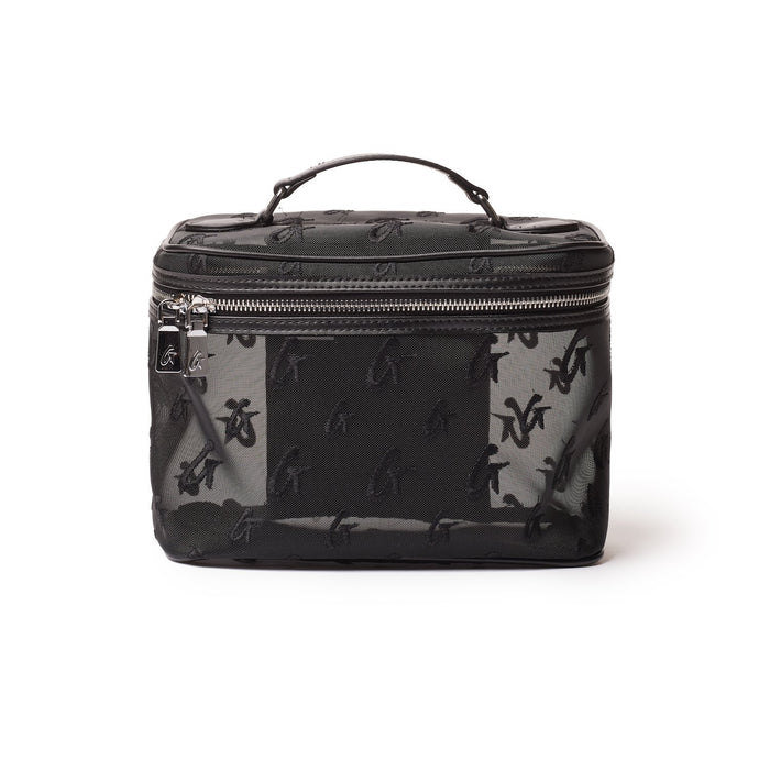 Large black mesh monogram toiletry bag with a top handle and silver zipper, featuring a repeating monogram pattern.