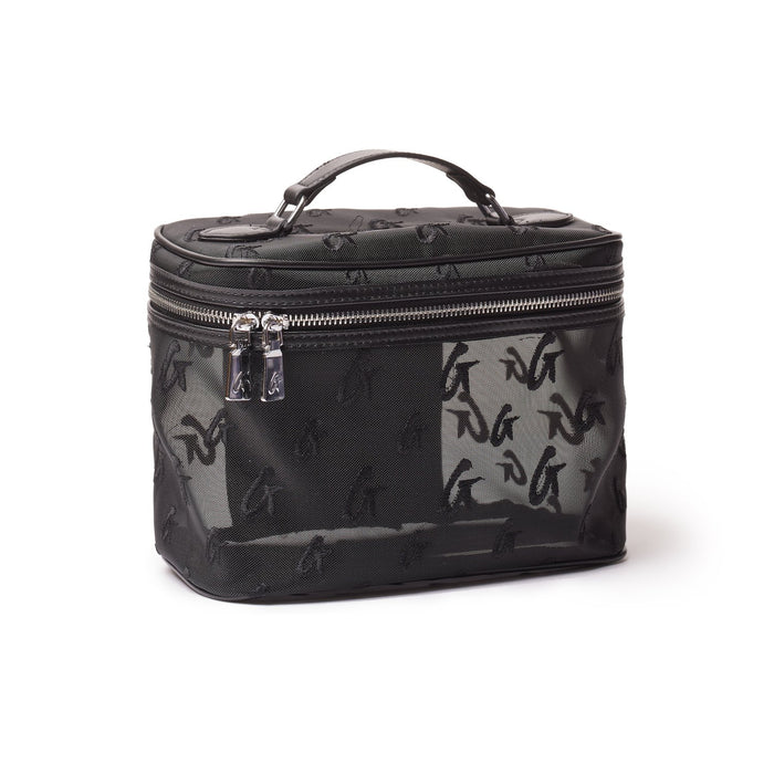 Black large mesh monogram toiletry bag with a top handle and double zipper closure, featuring a repeating monogram pattern.