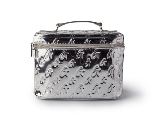Large metallic silver monogram toiletry bag with embossed "G" pattern, zip closure, and top handle.