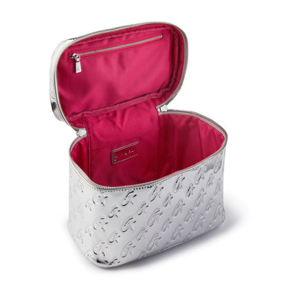 Large metallic silver monogram toiletry bag with embossed G pattern, open to reveal bright pink interior and zippered pocket.