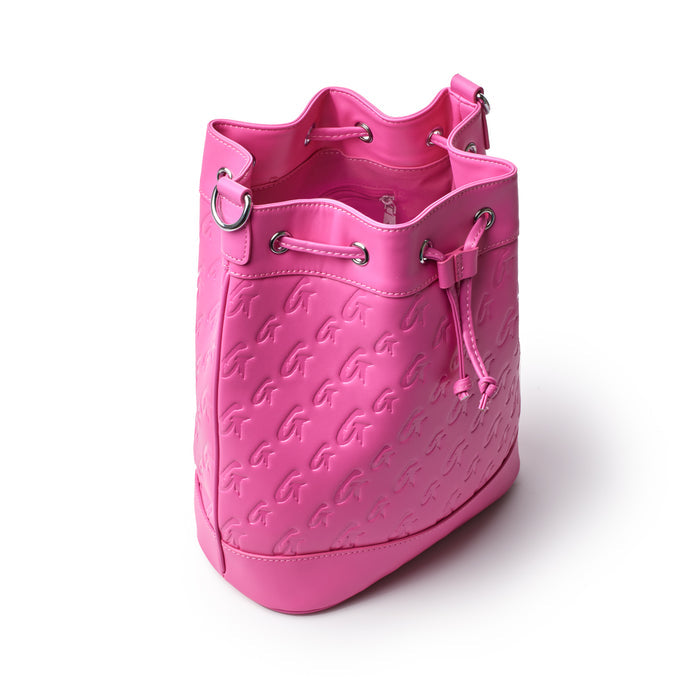 Large hot pink bucket bag with embossed monogram pattern, drawstring closure, and silver-tone hardware.