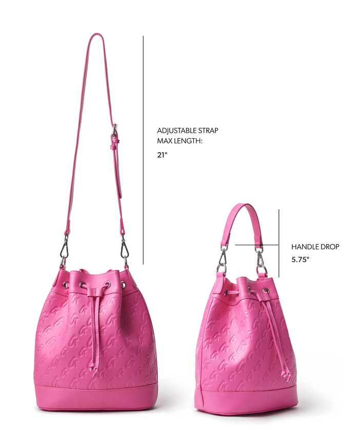 Hot pink large monogram bucket bag with adjustable strap and stylish design, perfect for affordable luxury.
