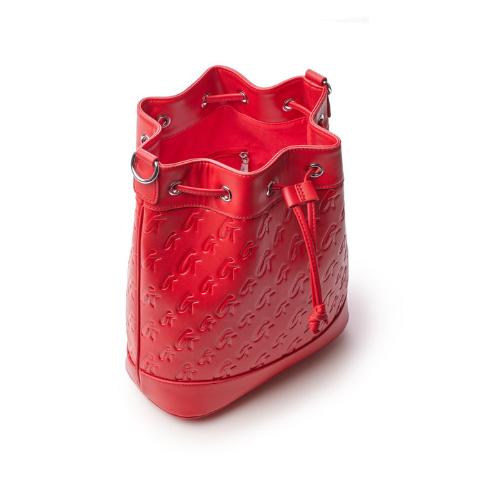 Red Monogram Bucket Bag Bundle with embossed logo pattern, drawstring closure, and interior zip pocket.
