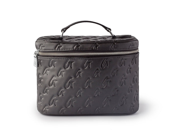 Large black and pink monogram toiletry bag with a zip closure and top handle for easy carrying. Ideal for travel.