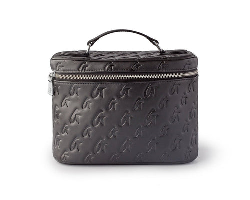 Large black and pink monogram toiletry bag with a zip closure and top handle for easy carrying. Ideal for travel.