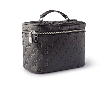 Large black toiletry bag featuring a pink monogram design, ideal for stylish organization on the go.