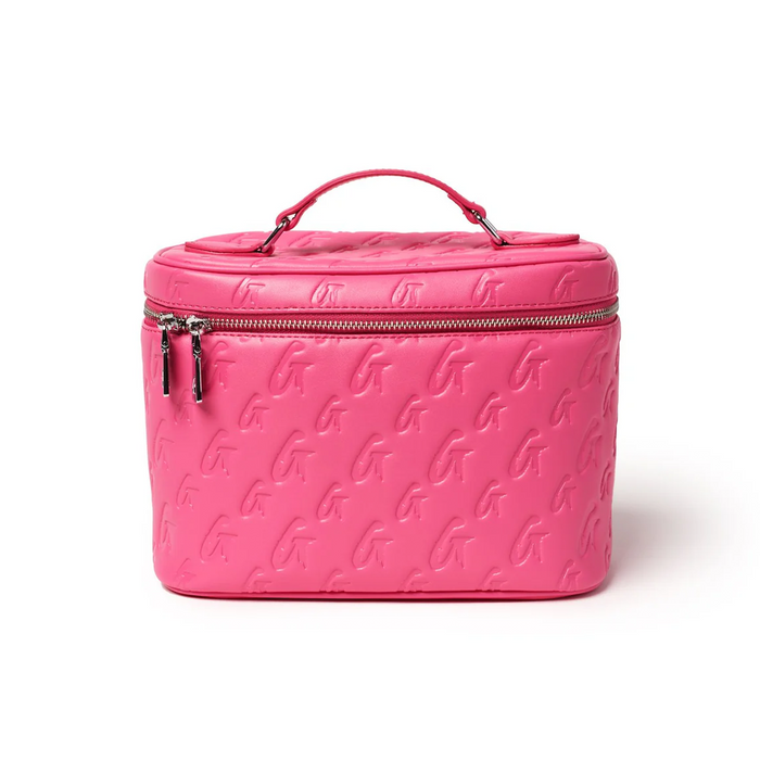 Hot pink large monogram toiletry bag with a zippered closure and top handle, perfect for organizing beauty essentials.