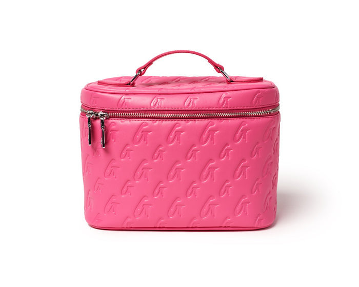Large hot pink monogram toiletry bag with embossed G pattern, silver zipper, and top handle.