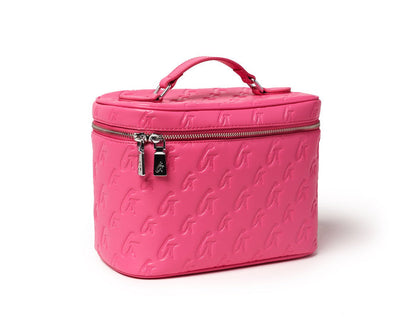 Large hot pink monogram toiletry bag with embossed logo pattern and silver zipper, ideal for travel essentials.