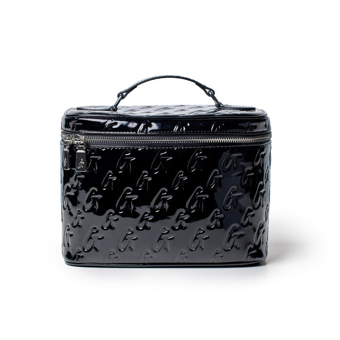 Large black monogram toiletry bag with a glossy finish, embossed with repeating "G" pattern and a top zipper closure.