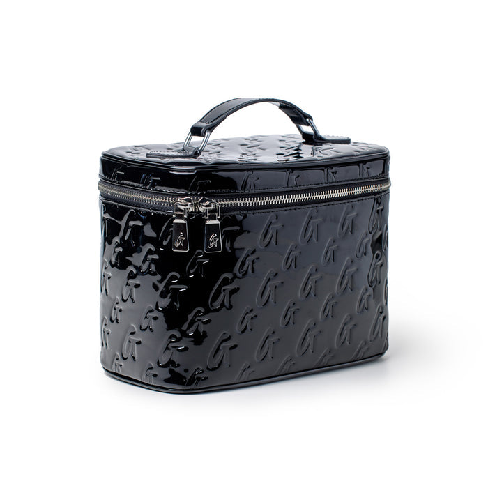 Large black monogram toiletry bag with a glossy finish, embossed with a repeating "G" pattern and a mirror, silver zipper.
