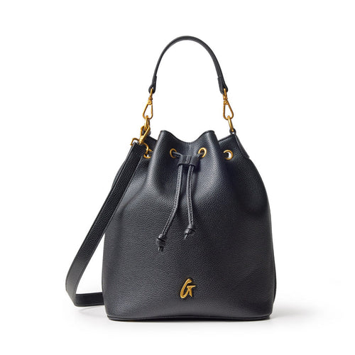 Black large pebble bucket bag with gold hardware, drawstring closure, and adjustable shoulder strap.