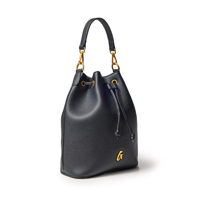 Large black pebble bucket bag with gold hardware, adjustable drawstring closure, and a small gold logo at the bottom.