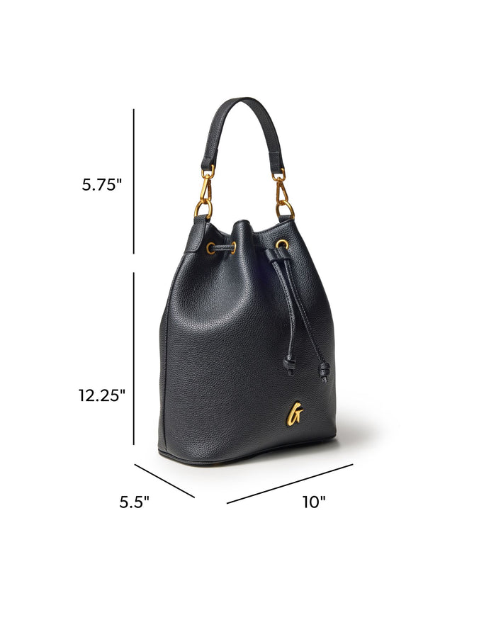 Large black pebble bucket bag with gold accents, featuring a drawstring closure and a stylish silhouette.