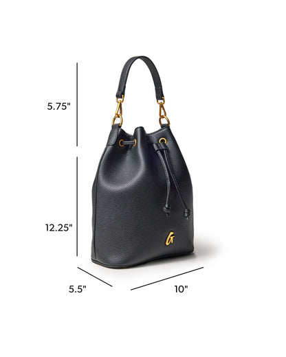 Large black pebble bucket bag with gold accents, featuring a drawstring closure and a stylish silhouette.