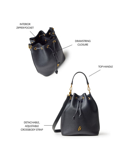 Large black pebble bucket bag featuring a drawstring closure, top handle, and detachable adjustable crossbody strap.