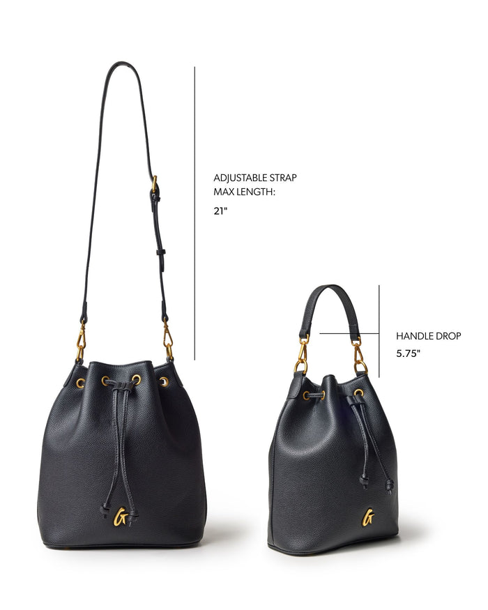 Large black pebble bucket bag with adjustable strap and gold accents, perfect for stylish everyday use.