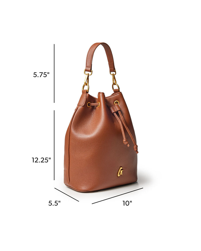 Brown large pebble bucket bag with a drawstring closure and gold hardware, measuring 12.25 inches tall and 10 inches wide.