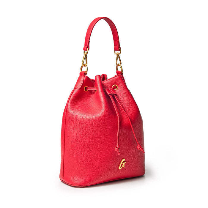 Large red pebble bucket bag with gold hardware, adjustable strap, and drawstring closure.