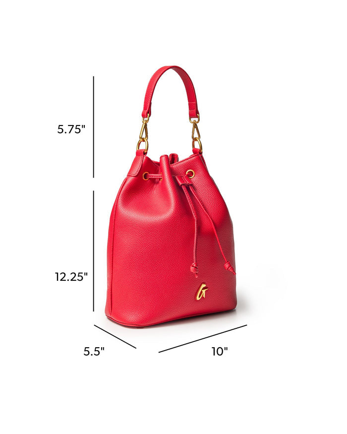 Red large pebble bucket bag with drawstring closure and gold accents, measuring 12.25 inches tall and 10 inches wide.