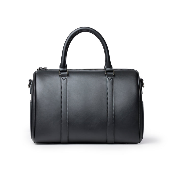Large black Boston bag with a sleek design, featuring sturdy handles and a spacious interior for versatile use.