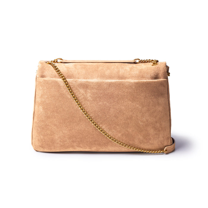 Large tan suede flap bag with a gold chain strap and a sleek design, perfect for stylish everyday use.