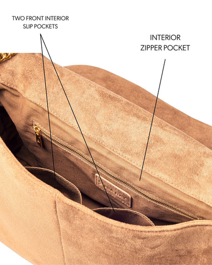 Large tan suede flap bag featuring two front interior slip pockets and an interior zipper pocket for organization.