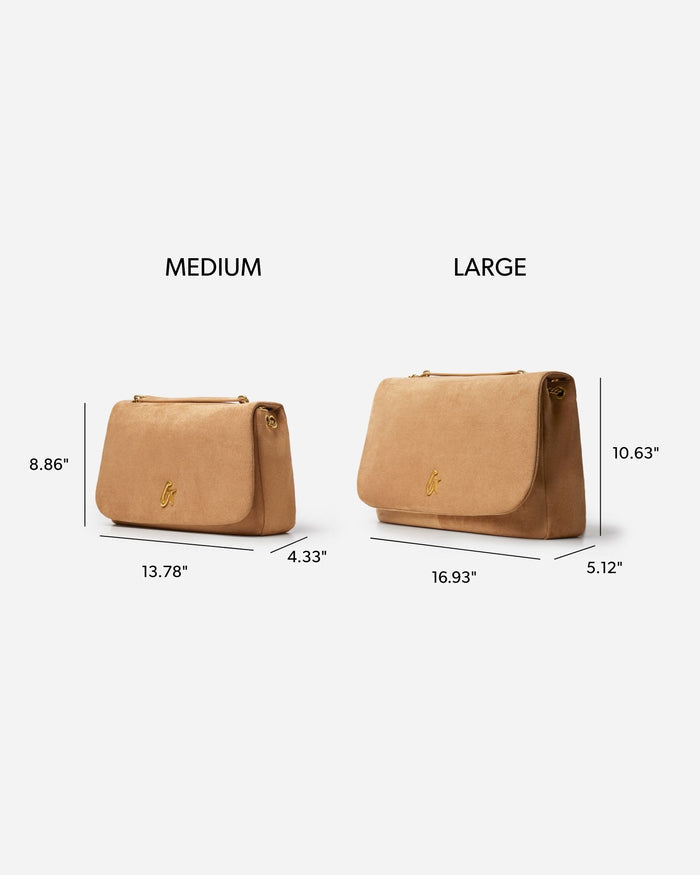 Large tan suede flap bag displayed alongside a medium size for comparison, showcasing dimensions and design.