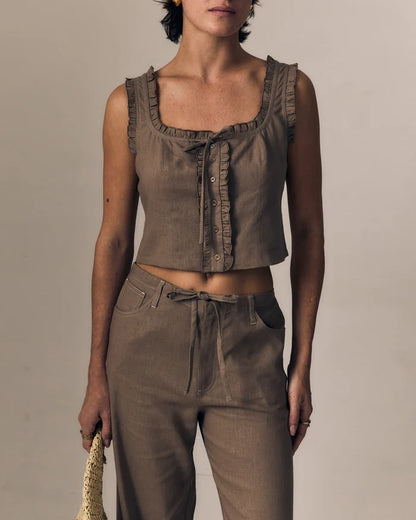 Le Jean – Linen Ruffle Cami in Driftwood